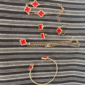 Gold and Red Clover Bracelet Set